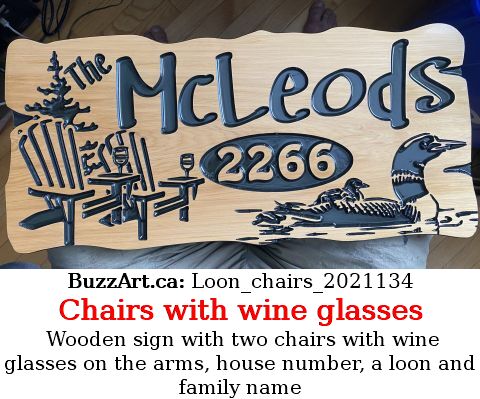 Wooden sign with two chairs with wine glasses on the arms, house number, a loon and family name